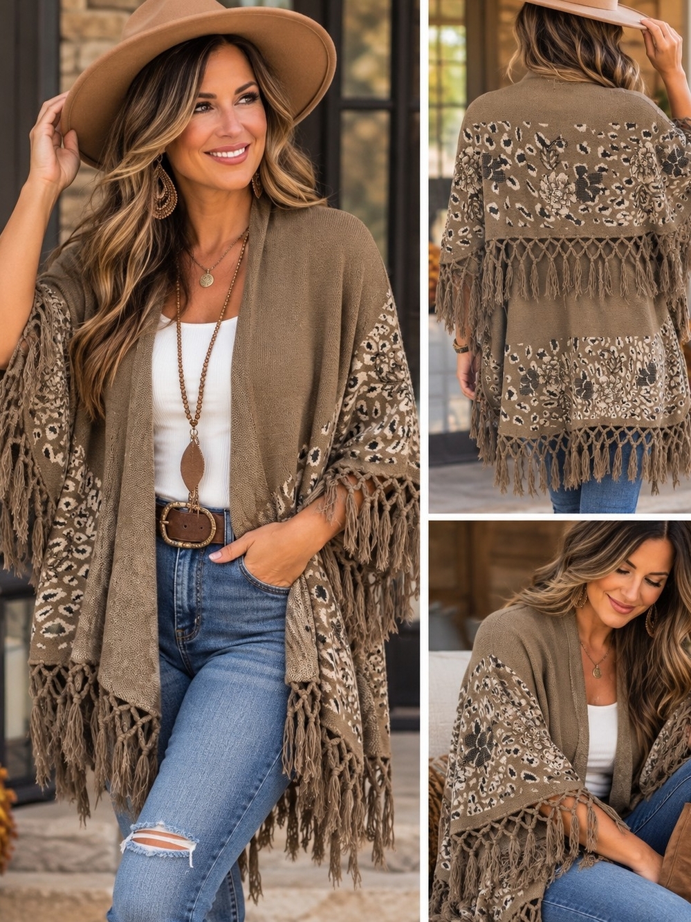 Women’s Size L Taupe Boho Leopard Floral Fringe Open-Front Kimono Cardigan (72)